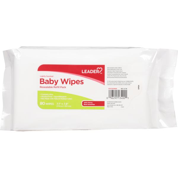 Image for Leader Baby Wipes, Lightly Scented, Resealable, Refill Pack, 80ea from McDonald Pharmacy