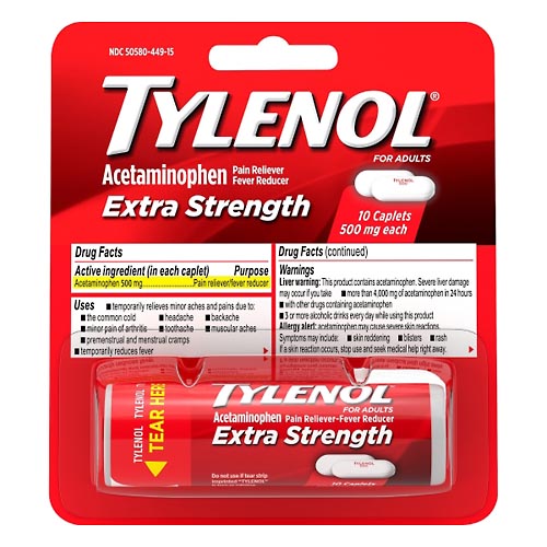 Image for Tylenol Acetaminophen, Extra Strength, 500 mg, Caplets,10ea from McDonald Pharmacy