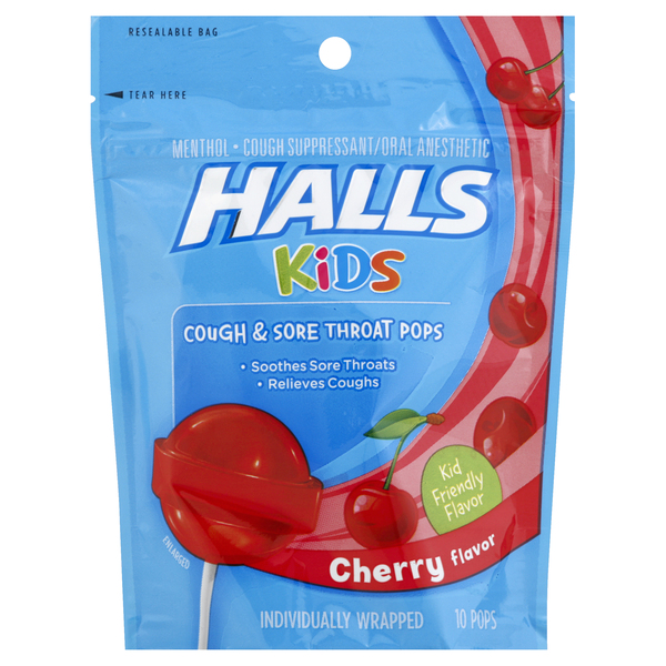 Image for Halls Kids Pops, Cough & Sore Throat, Cherry Flavor, 10ea from McDonald Pharmacy