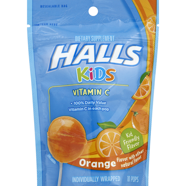 Image for Halls Kids Pops, Vitamin C Pops, Orange Flavor, 10ea from McDonald Pharmacy